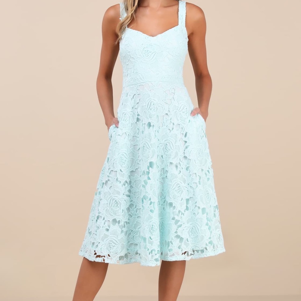 Divine Beauty Mint Blue Lace Midi Dress With Pockets